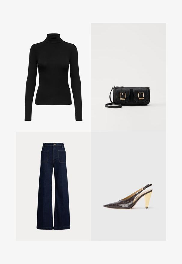 Top negru cu mânecă lungă și guler înalt, realizat dintr-un material texturat cu nervuri; design ajustat cu un guler înalt, textură netedă și fără modele sau accente vizibile.; Jeans din denim albastru închis, cu picioare largi și talie înaltă, design cu cinci buzunare și cusături contrastante. Prezintă un închidere cu nasture și o formă structurată.; Pantofii cu vârf ascuțit, tip slingback, din piele sintetică lucioasă de crocodil maro închis. Include un toc geometric în nuanță de aur și o curea de gleznă ajustabilă.; Geantă neagră din piele, tip crossbody, cu două buzunare frontale, catarame aurii, închidere cu fermoar și o curea subțire. Suprafață texturată și formă rectangulară compactă.