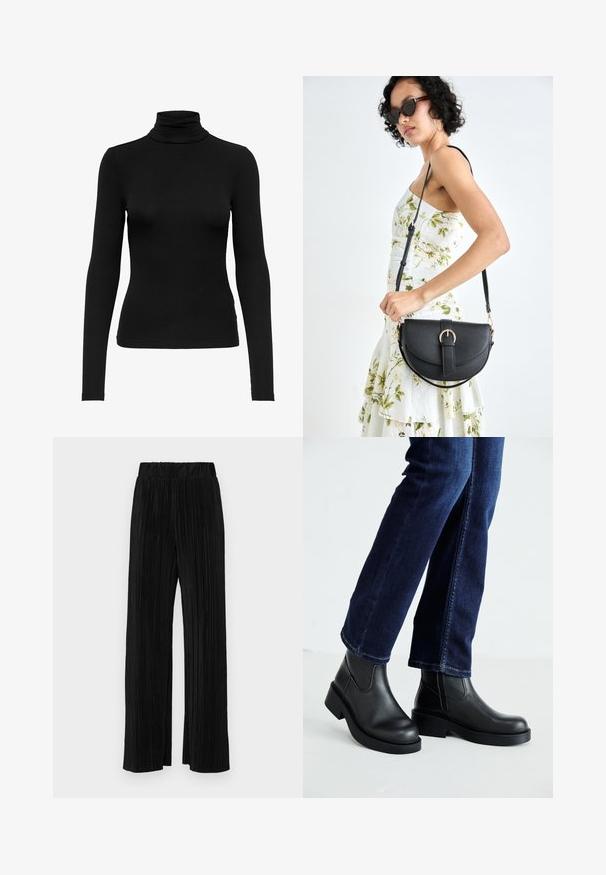 Juodas ilgomis rankovėmis golfo stiliaus viršus, pagamintas iš raukšlėtos medžiagos; prigludusi konstrukcija, aukšta apykaklė, lygi tekstūra ir be matomų raštų ar akcentų.; Juodi plisuoti kelnės su elastine juosta. Turėkite plačias kojas ir glotnų, tekstūrinį audinį su vertikaliais dryžiais.; Juoda odinė kulkšninių botų su storu padu ir šoninėmis elastinėmis detalėmis, derinama su tamsiai mėlynomis džinsais. Žemė šviesios spalvos.; Juodas odinis krepšys su išlenkta forma, nuimamu dirželiu ir auksiniais detalėmis. Krepšys turi kilpą su sagtimi.