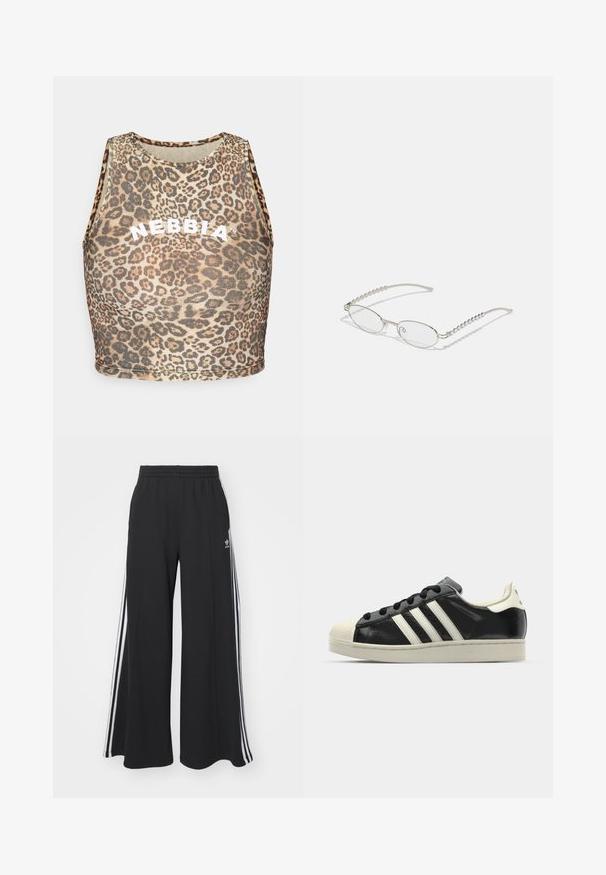 Top crop com padrão de onça, gola redonda e design sem mangas. Apresenta o logótipo branco "NEBBIA" na frente. Feito de tecido leve.; Calças de suor largas e pretas com uma cintura elástica, apresentando riscas brancas nas laterais e um logótipo bordado na coxa esquerda.; Sapatilha de couro preto com riscas brancas, biqueira de borracha, atacadores pretos e sola na cor creme. Textura suave com acabamento brilhante.; Óculos ovais com uma armação metálica prateada, lentes transparentes e detalhes texturizados em contas nas hastes. Design leve com braços curvos.