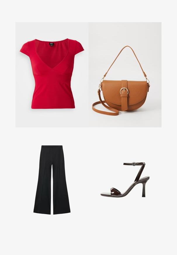 Top roșu ajustat pentru femei, cu mânecă scurtă și decolteu adânc în V, cu ușor fald sub bust, pe un fundal simplu.; Pantaloni negri cu croială largă, având o textură netedă, cu pliseuri frontale și un design croit. Materialul este ușor și fluid.; Sandale cu toc înalt din piele lacuită maro, cu bretele la gleznă, vârf deschis și un design elegant, minimalist. Dispune de un toc pătrat.; Geantă din piele maro, tip crossbody, cu o formă curbată, accesorii aurii și un accent cu cataramă. Dispune de un curea de umăr detașabilă.