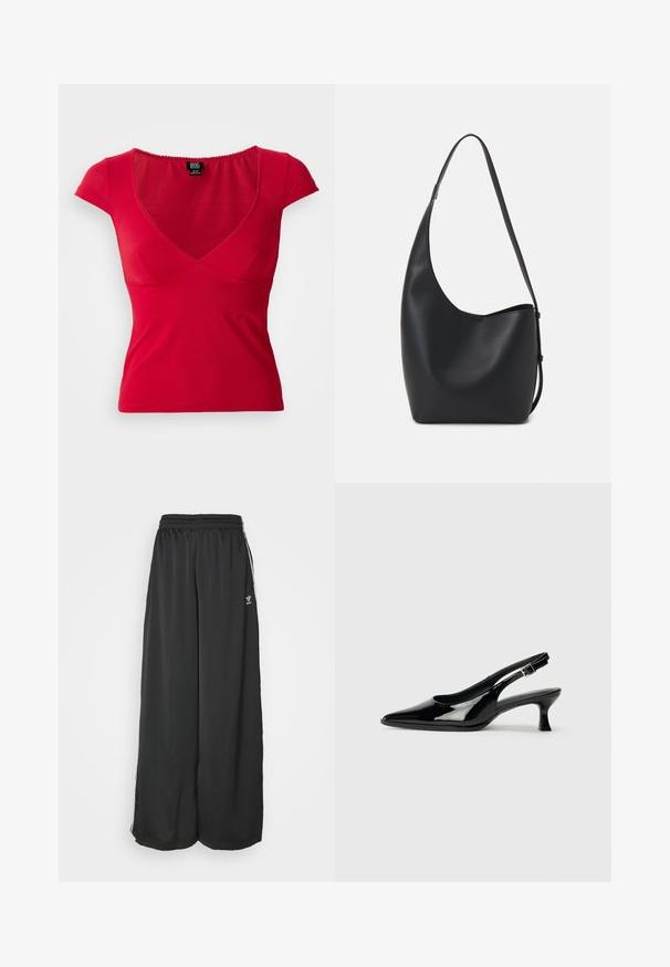 Top corto de mujer ajustado rojo con escote en V pronunciado y ligero fruncido debajo del busto, sobre fondo liso.; Pantalones de chándal negros de corte holgado, fabricados en un tejido suave. Cuentan con una cintura elástica y rayas laterales con acentos de logo.; Zapatos de charol negro tipo slingback con punta afilada y tacón bajo. Correa ajustable con hebilla en el tobillo.; Bolso tipo hobo de cuero negro con una textura suave, forma curvada y una sola correa ajustable; presenta una amplia apertura en la parte superior.