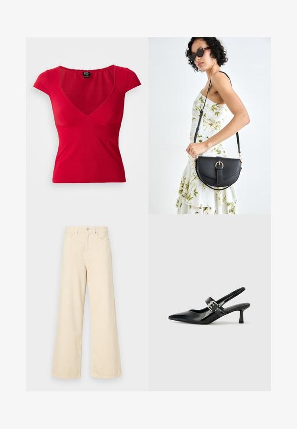 Red fitted women's short sleeve top with deep V-neck and slight gathering under bust on plain background.; Beige wide-leg jeans made of cotton. Features a button closure, belt loops, and front pockets with a smooth, soft texture.; Black patent leather slingback heels with a pointed toe and a small block heel, featuring a silver buckle accent on the strap.; Black leather handbag with a curved shape, detachable strap, and gold hardware. The bag features a flap with a buckle detail.