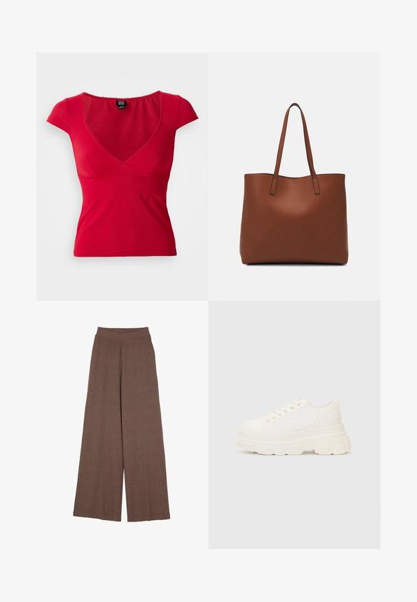 Top feminino ajustado vermelho de mangas curtas com decote em V profundo e leve franzido abaixo do busto, em fundo simples.; Calças de perna larga em tecido texturizado e canelado numa cor castanha quente. Apresentam uma cintura sem costura e uma silhueta fluida.; Sapatilhas brancas em lona com sola espessa, biqueira arredondada e cinco ilhós para atacadores. Laço traseiro para calçar facilmente. Textura suave, design minimalista.; Bolsa tote de couro castanho com uma textura suave, design de abertura superior e duas alças para o ombro. Apresenta costura mínima e sem hardware visível.