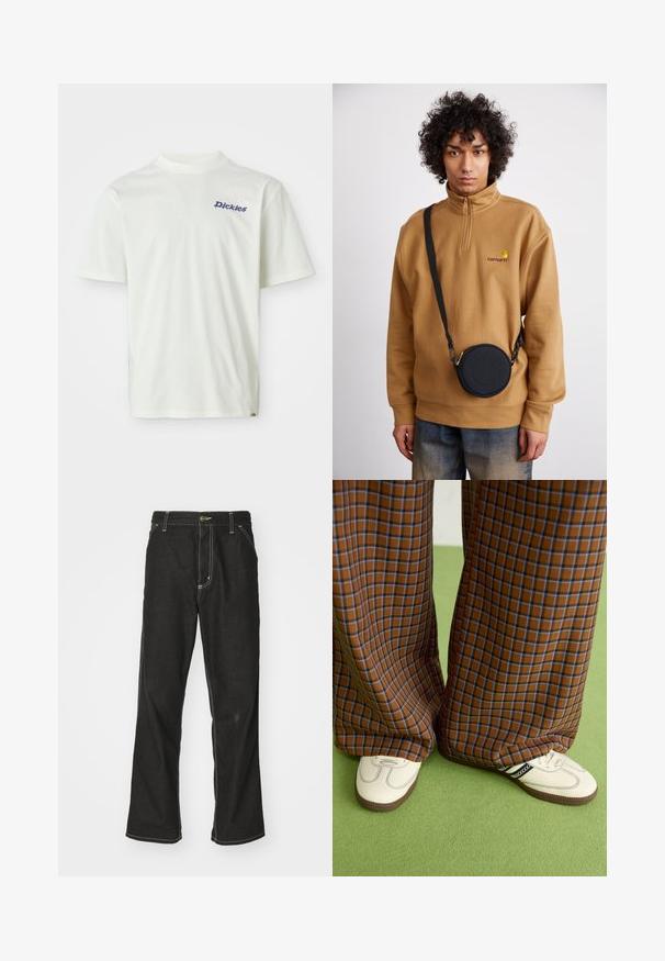White short-sleeve t-shirt made of cotton, featuring a blue logo text "Dickies" on the left chest area and a straight cut design.; Black denim jeans with a loose fit, featuring contrasting white stitching, a button closure, and a straight leg design.; Brown and blue plaid wide-leg trousers paired with white shoes featuring black accents and textured soles, set against a green background.; Brown quarter-zip fleece sweatshirt with embroidered logo, featuring a black round crossbody bag with a zipper and logo detail, worn over denim.