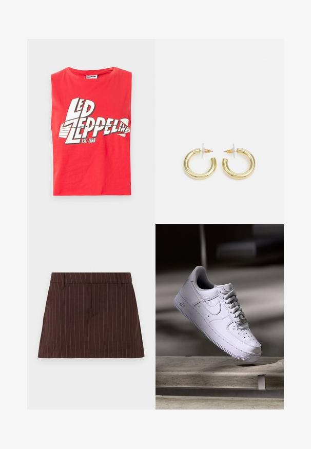 Raudona be rankovių medvilnės marškinėliai. Pasižymi dideliu grafiniu spaudiniu su užrašu "LED ZEPPELIN", žuvies simboliu ir "EST. 1968" balta spalva.; Rudas dryžuotas sijonas su pritaikytu siluetu, turintis plokščią juosmenį, šonines kišenes ir tiesų apdailą. Pagamintas iš medvilnės ir sintetinių pluoštų mišinio.; Baltas Nike Air Force 1 sneakeris kybantis virš betono paviršiaus su šešėliais minimalistiškoje aplinkoje.; Aukso auskarai su lygiu, blizgiu paviršiumi. Apvalus dizainas su maža užrakto dalimi ir skaidria atrama saugiam nešiojimui.