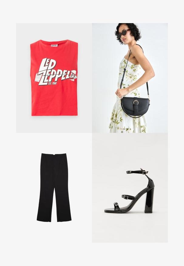 Crvena majica bez rukava od pamuka. Ima veliki grafički print "LED ZEPPELIN" s ribljim simbolom i "EST. 1968" u bijeloj boji.; Crne hlače ravnog kroja, s prednjim džepovima i bočnim prorezima na rubu. Izrađene od mekog i glatkog materijala. Pogodne za razne prigode.; Crne lakirane sandale na pete sa kvadratnim nosom, trakama oko gležnja i srebrnim kopčama. Imaju čvrst blok petu za stabilnost.; Crna kožna torba s lukovitim oblikom, odvojivim remenom i zlatnim detaljima. Torba ima preklop s kopčom.