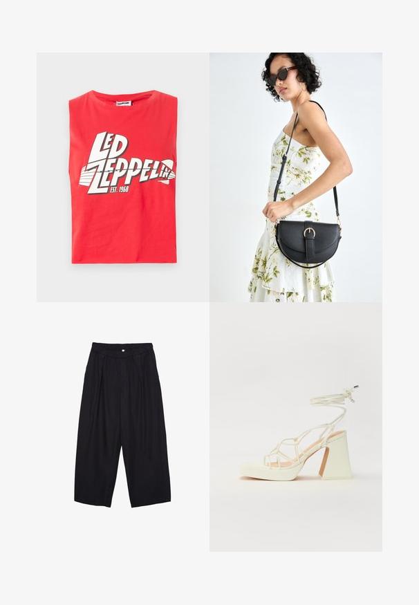Rdeča brezrokavnik majica iz bombaža. Ima velik grafični tisk "LED ZEPPELIN" s simbolom ribe in "EST. 1968" v beli barvi.; Črne poliesterske culotte hlače z elastičnim pasom, dvema sprednjima nabiranjema in ohlapnim krojem. Brez vidnih vzorcev ali kovinskih detajlov.; Bela sandala na visokih petah s debelim petam, ki ima obliko trakcev in vezanje okoli gležnja. Gladka tekstura z platformo spredaj za dodatno višino.; Črna usnjena torbica s ukrivljeno obliko, z odstranljivo naramnico in zlatimi dodatki. Torbica ima pokrov s podrobnostmi v obliki zaponke.