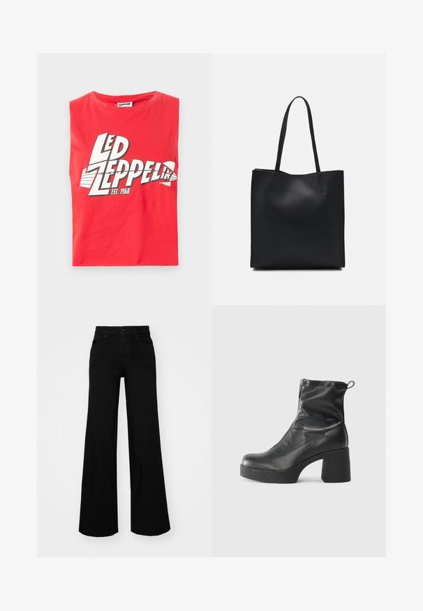 Maglietta rossa senza maniche in cotone. Presenta una grande stampa grafica con "LED ZEPPELIN" e un simbolo di pesce con "EST. 1968" in bianco.; Pantaloni neri a gamba larga in denim, con una vita strutturata, passanti per la cintura e tasche frontali. Texture liscia con un design classico.; Stivali neri alla caviglia in pelle liscia, con zip laterale, tacco spesso e texture, e punta arrotondata.; Borsa tote in pelle nera con texture liscia, forma rettangolare e due manici lunghi. Nessun hardware o decorazione visibile.