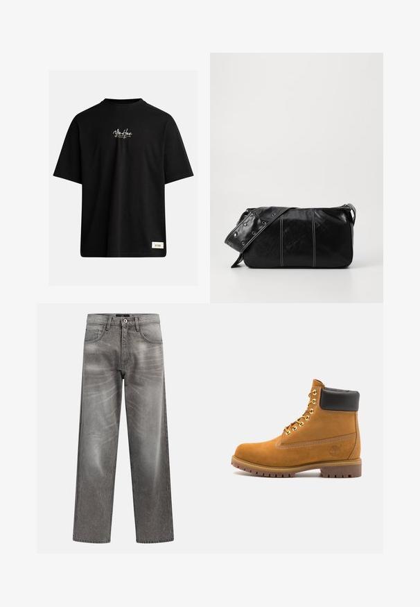 Tricou scurt cu mânecă, de culoare neagră, făcut din bumbac. Prezintă un mic logo alb pe piept și un etichetă rectangulară în colțul din dreapta jos.; Blugi din denim gri cu croială largă, finisaj estompat, design clasic cu cinci buzunare și închidere cu buton metalic. Material texturat cu detalii subtile de uzură.; Cizmă de gleznă din întoarsă de culoare bej, cu guler negru căptușit, ochiuri din metal auriu, detalii de cusătură albă și talpă din cauciuc robustă, cu un model pronunțat.; Geantă de umăr din piele neagră cu închidere cu fermoar, având un corp texturat, cusături albe și o curea cu ochiuri argintii.
