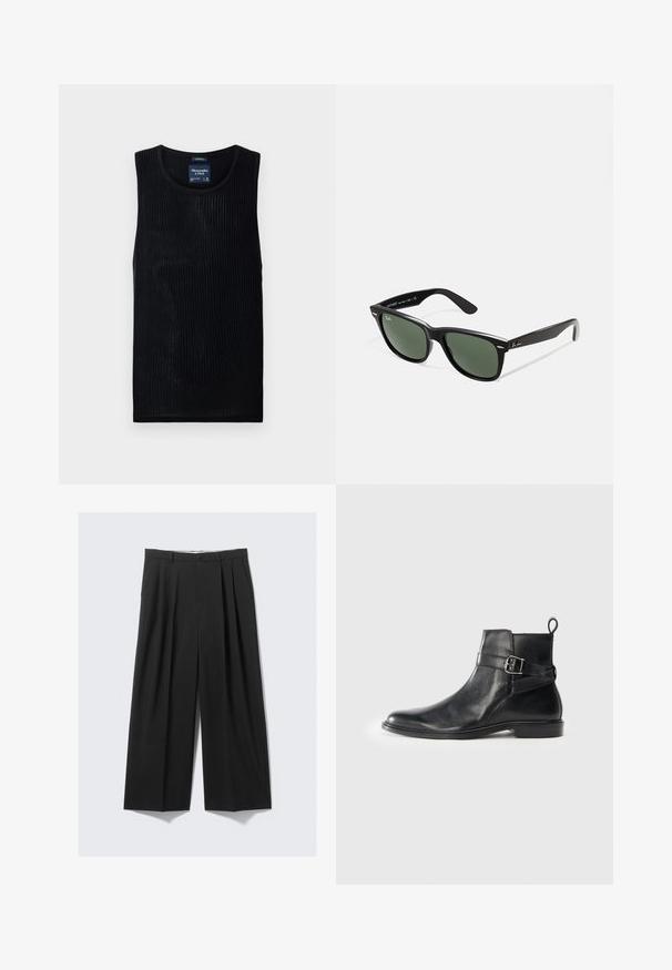 Top de tirantes negro acanalado con escote redondo y diseño corto. Fabricado en tejido ligero, con una textura sutil y sin adornos.; Pantalones negros de pierna ancha con pliegues, cierre de botón y trabillas para cinturón, mostrados planos sobre un fondo neutro.; Botas de cuero negro hasta el tobillo con puntera redondeada, detalle de hebilla lateral y una pestaña en el talón. Suela plana con un acabado sutilmente brillante.; Gafas de sol de plástico negro con lentes verdes, montura cuadrada, acento plateado en la ceja y brazos texturizados. Marca indicada en el brazo interno.