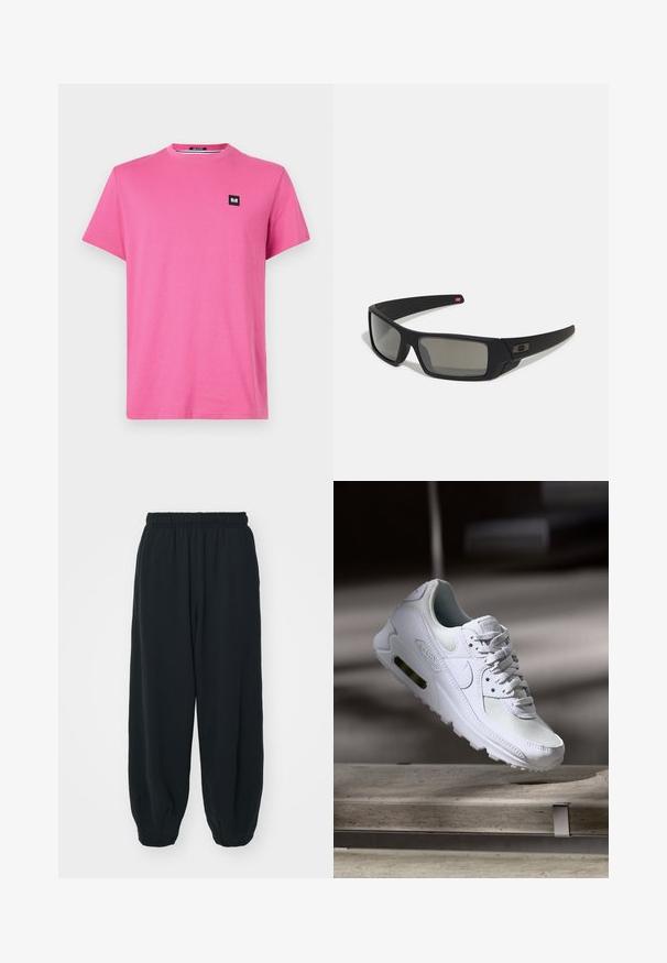 Tricou roz cu mânecă scurtă și guler rotund, realizat din bumbac. Are un mic etichetă neagră pe pieptul stâng. Textură netedă, croi lejer.; Pantaloni de trening negri, cu talie elastică, cu o croială lejeră, la baza pantaloni fiind strânși, având o textură netedă și fără modele sau accente metalice vizibile.; Adidașii Nike Air Max 90 albi, având un superior din plasă și piele, cutie pentru degete perforată și o unitate de aer vizibilă în călcâie.; Ochelari de soare negri cu o finisare mată, lentile dreptunghiulare, curbură ușoară pe bănci, detaliu subtil cu logo și lentile cu tentă fumurie.