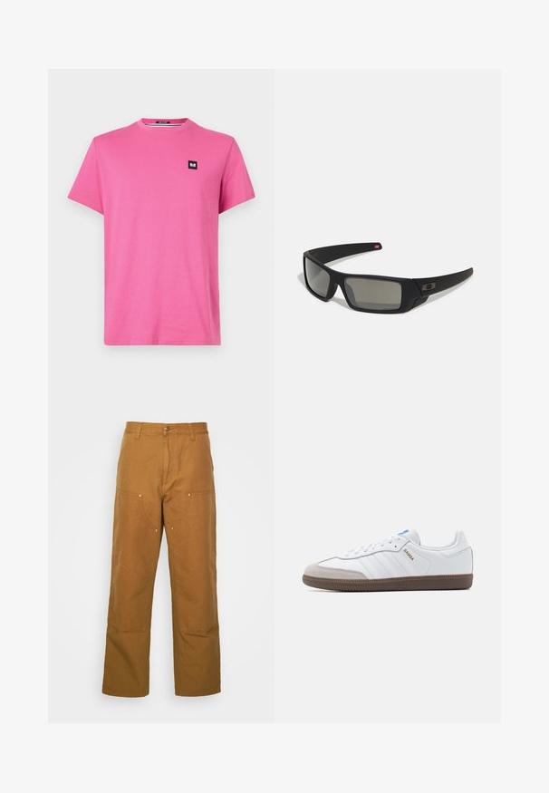 Růžové tričko s krátkým rukávem a kulatým výstřihem vyrobené z bavlny. Na levé hrudi se nachází malá černá nášivka. Hladká textura, volný střih.; Hnědé bavlněné pracovní kalhoty s rovnými nohavicemi, které mají přední kapsy a kovové detaily pro zvýšenou odolnost.; Bílé kožené tenisky s šedou semišovou špičkou, třemi vodorovnými bílými pruhy, modrým akcentem a hnědou gumovou podrážkou. Texturovaný detail na podrážce.; Černé sluneční brýle s matným povrchem, obdélníkové čočky, mírná křivka na spáncích, nenápadný detail loga a čočky s kouřovým zabarvením.