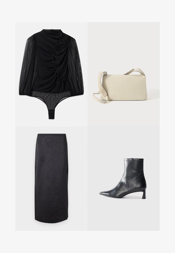 Hofmann Copenhagen FABIENNE - Langarmshirt - black; Schwarzer Midirock mit einer zerknitterten Textur, geradem Schnitt und seitlichem Schlitz. Das Material wirkt leicht. Der Saum ist leicht gerundet.; Schwarze Lederstiefelette mit spitzer Zehe und schlankem Design. Verfügt über einen niedrigen Absatz und einen Reißverschluss hinten. Glatte Textur.; Helleleder-Schultertasche in Cremefarbe mit verstellbarem Tragegurt und Klappenverschluss, vor einem schlichten weißen Hintergrund.