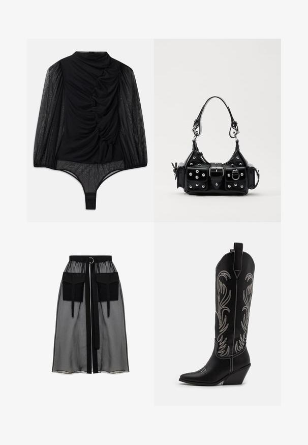 Hofmann Copenhagen FABIENNE - Majica z dolgimi rokavi - black; Črna prozorna krila z nabranim pasom, ki ima dva velika sprednja žepa, pas za zavezovanje in okroglo kovinsko dekoracijo.; Črne usnjene kavbojske čevlje s koničastimi prsti, klinastimi petami in srebrnimi vezeninami cvetnega vzorca po vsej dolžini. Kontrastno šivanje povsod.; Črna usnjena torbica s ukrivljenim dizajnom, ki vsebuje srebrne žebljičke, zaponko in dve stranski žepki. Nastavljiv trak za različne možnosti nošenja.
