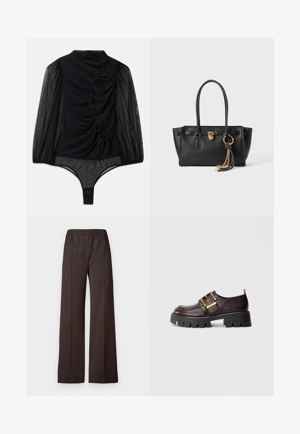 Hofmann Copenhagen FABIENNE - Hosszú ujjú felső - black; Sötétbarna anyagból készült, bő szárú nadrág, rugalmas derékkal, sima textúrával és letisztult vonalakkal a sikkes megjelenés érdekében.; Barna bőr cipő vastag fekete talppal, nagy arany csattal és sima felülettel, lekerekített orral tervezve.; Fekete bőr kézitáska dupla fogantyúkkal, aranyzárral és lánc részletekkel, fekete-fehér bojt kiegészítővel, fehér háttéren.