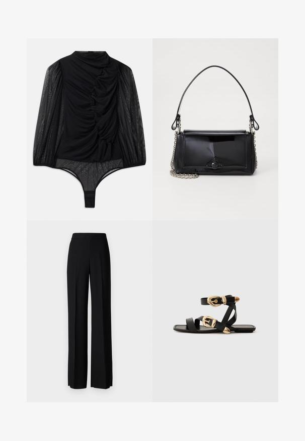 Hofmann Copenhagen FABIENNE - Long sleeved top - black; Black wide-leg trousers with a smooth texture, featuring a high waistband and center pleats. No visible patterns or hardware details.; Black leather sandals with gold buckle accents, featuring multiple straps and a flat sole design for open-toe wear.; Black patent leather handbag with a rectangular shape, chain strap, and a distinctive hardware accent in the center. Smooth texture.