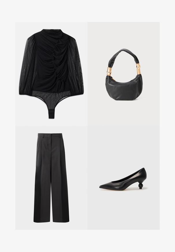 Hofmann Copenhagen FABIENNE - Langarmshirt - black; Schwarze, weit geschnittene Hose mit hoher Taille, versehen mit Frontfalten, einer glatten Textur und einem maßgeschneiderten Finish. Entworfen für eine lockere Passform.; Schwarze Leder-Pumps mit spitzem Zehenbereich und runder, ballförmiger Ferse. Glatte Textur mit einem eleganten, minimalistischen Design.; Schwarze Lederhandtasche mit runder Form, weicher Textur und einem geknoteten Griff mit goldfarbenen Hardware-Akzenten. Reißverschlussverschluss.