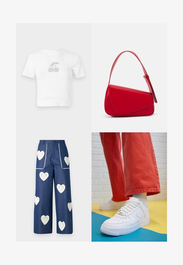 Hvit bomulls avkortet t-skjorte med et prikkete kirsebærdesign i rosa og grønt på forsiden. Korte ermer og rund hals.; Sister Jane HEART TO HEART - Jeans straight leg - blue denim; Hvit lær sneakers med perforert tåboks, teksturert såle og hvite snørebånd, paret med vide røde bukser og en blå og gul bakgrunn.; Rød lærveske med en vinklet, geometrisk design. Har en enkelt justerbar stropp og en klaffelukking med sydd detaljer.