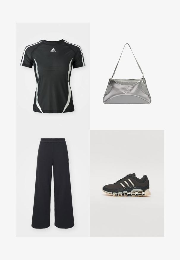 Μαύρο αθλητικό μπλουζάκι με κοντά μανίκια της Adidas με λευκές ρίγες στους ώμους και ασημί καμπύλες λεπτομέρειες στα πλάγια.; Μαύρα ανοιχτά παντελόνια φόρμας από μαλακό υλικό, με ελαστική μέση και μικρό λογότυπο στην αριστερή πλευρά.; Μαύρο αθλητικό παπούτσι με υφή στην επάνω πλευρά, τρεις ασημένιες ρίγες και μια ξεχωριστή σόλα με απορρόφηση κραδασμών που διαθέτει πολλαπλές ενσωματωμένες τμήματα.; Ασημένια μεταλλική τσάντα χειρός με κομψό, δομημένο σχέδιο, που διαθέτει υφή στο σώμα, λουρί για τον ώμο και ανάγλυφο λογότυπο.
