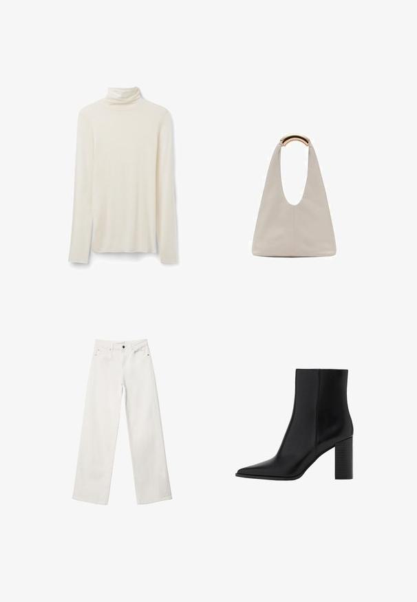 Cremfärgad turtleneck långärmad skjorta gjord av mjukt material, med en åtsittande krage och en enkel design med långa ärmar och rak nederkant.; Vita vida byxor i denim med hög midja, femfickorsdesign och metallknäppning. Slät textur, inga mönster.; Svart läderankelboot med spetsig tå, fyrkantig klack, slät yta och sömnadsdetaljer längs sömmarna. Klacken mäter cirka 8,9 cm.; Ljusgrå läderväska med en U-formad design och ett böjt metallhandtag. Slät textur med minimal sömnad och inga synliga mönster.