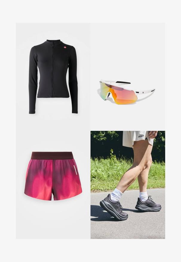 Must have pikkade varrukatega sobiv must jakk, millel on ees lukk ja väike punane ümmargune logo vasakul rinnal, esitatud valgel taustal.; Roosa ja lilla gradienti spordilühikesed püksid elastse vöökoha ja sileda tekstuuriga, küljes silt. Pükstel on mugav lõige.; Mustad mustreejalised ketsid, millel on tekstuuriga kangas, paksud pehmendatud tallad ja paelad, koos valgete sokkidega ja helesinise riietusega.; Sweet Protection SHINOBI UNISEX - Päikeseprillid - rig topaz/satin white