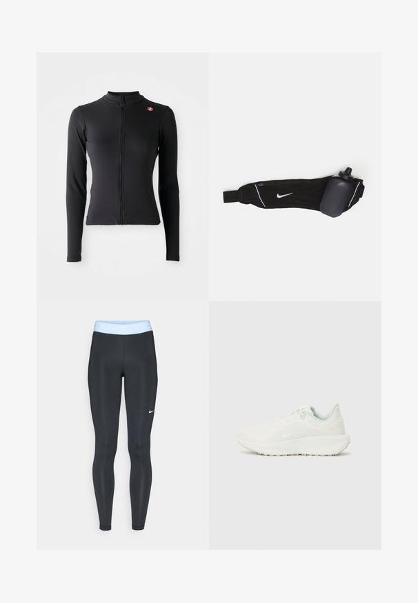 Veste noire ajustée à manches longues avec fermeture éclair sur le devant et petit logo circulaire rouge sur le haut à gauche de la poitrine, affichée sur un fond blanc.; Leggings de sport noirs avec une taille légère bleue arborant le texte "NIKE PRO" ; texture lisse et coupe ajustée. Logo Nike blanc sur le côté gauche.; Baskets de sport blanches avec un dessus texturé, un col rembourré et un système de laçage. Elles disposent d'une semelle incurvée et d'un logo discret sur le côté.; Ceinture porte-bouteille noire avec sangle ajustable, comportant un logo Nike blanc, un porte-bouteille gris et des coutures d'accent en blanc.