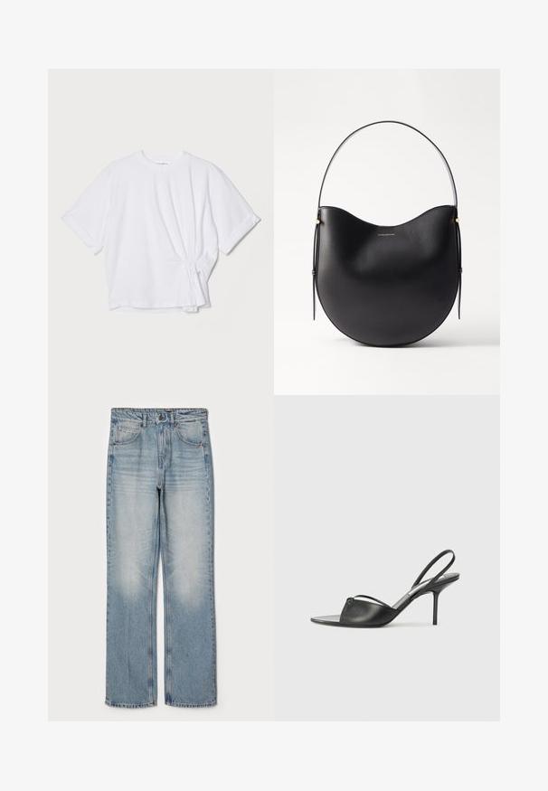 Hvid kortærmet T-shirt lavet af bomuld med rund halsudskæring og en sideknude-detalje. Har opfoldede ærmer og en løs pasform.; Lyseblå denimjeans med lige pasform, der har høj talje, fem lommer og let blegt slid på lår og knæ.; Sorte læder slingback stilethæle med spidse tæer, tynd ankelrem og stilettohæle. Har en knyttet detalje på vamps.; Sort læder skuldertaske med en buet form, tyndt håndtag og diskrete guld accenter. Glat tekstur med minimalistisk design.