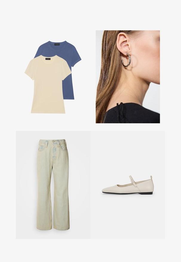 Two short-sleeve t-shirts: one cream and one blue. Both feature round necklines and soft, smooth cotton fabric.; Light blue wide-leg jeans made of denim, featuring a high waist, five pockets, and subtle fading with contrasting stitching accents.; White leather Mary Jane flats with a pointed toe, side buckle, and low black heel. Smooth texture and minimalistic design.; Silver hoop earring with a polished finish, featuring small gold accent details and a round shape, worn on the lobe.