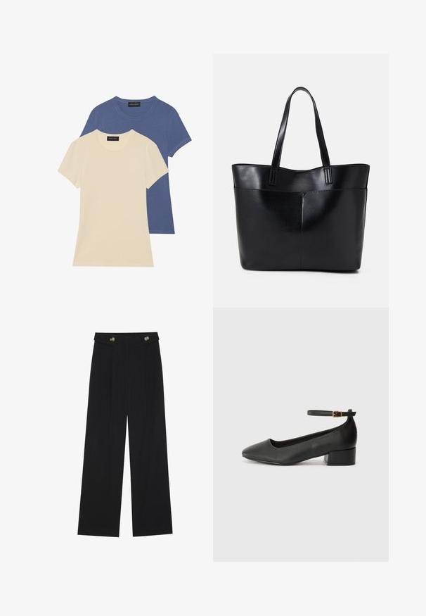 Dve tričká s krátkym rukávom: jedno krémovej a jedno modrej farby. Obe majú okrúhle výstrihy a ich materiál je mäkká, hladká bavlna.; Čierne široké nohavice s vysokým pásom, so zapínaním na gombíky na páse a prednými sklady.; Čierne kožené lodičky s špicatou špičkou a nízkym blokovým podpätkom. Obsahuje remienok okolo členka so zlatým prackou. Hladký povrch.; Čierna kožená tote taška s dvoma dlhými rúčkami, hladkým povrchom a štruktúrovaným tvarom. Obsahuje prednú kapsu pre dodatočné uskladnenie.