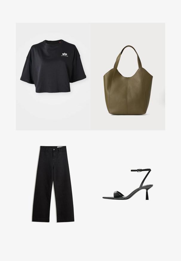 Tricou scurt negru din bumbac, cu guler rotund, mâneci scurte și un logo alb pe piept. Textură netedă.; Pantaloni din denim negri cu picioare largi, cu talie înaltă, având buzunare frontale și posterioare, cusături dublate și închidere cu nasture. Textură netedă.; Bershka Sandale cu toc - black; Geantă tote din piele verde măslinie cu două mânere, textură netedă și design din patru panouri. Cusături întărite pe margini pentru durabilitate.