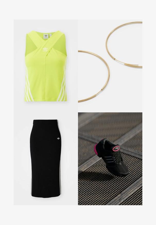 Limegrön sporttopp med korsad framsidan, vit Adidas-logotyp och tre vita ränder på vänster sida. Slät tygstruktur.; Svart ribbad midiklänning med en figurnära design, försedd med vita sidostråk och ett litet vitt emblem på vänster sida.; Svart atletisk sko med nätöverdela, rosa accenter och svarta randiga detaljer. Har en texturerad sula och en logotags på hälen.; Guldiga hoopsörhängen, tunna och runda i formen, med en slät metallisk finish utan utsmyckningar eller mönster.