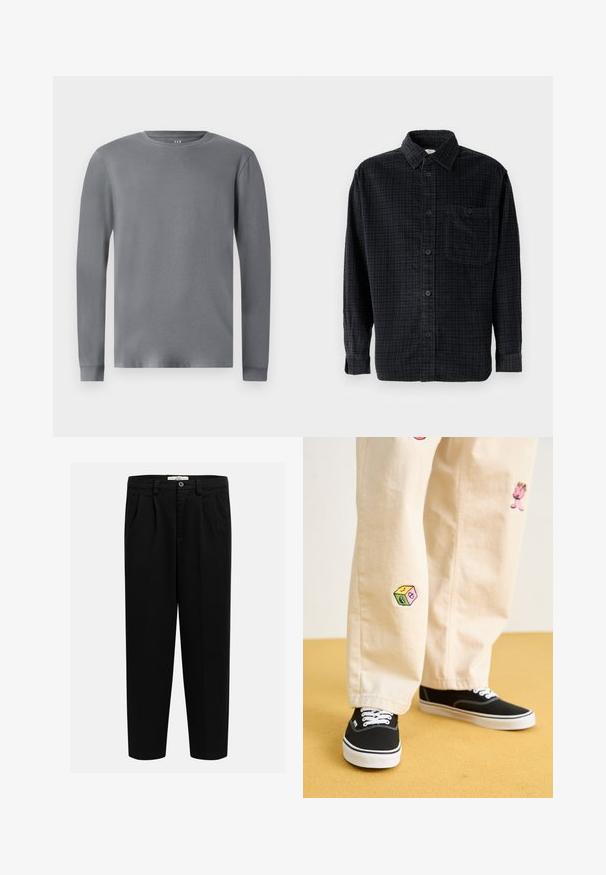 Grijze T-shirt met lange mouwen, gemaakt van zachte katoenen stof, met een ronde hals en nauwsluitende mouwen. Eenvoudig, ongecompliceerd ontwerp.; Zwarte geruite overhemd met lange mouwen, gemaakt van zacht stof, met een knoopsluiting aan de voorkant, een kraag en een borstzak.; Zwarte broek gemaakt van zachte stof, met een recht model, ingestraalde plooien aan de voorkant en een knoopsluiting bij de taille.; Beige katoenen broek met speelse geborduurde ontwerpen, waaronder een roze figuur en een gekleurd blok, gecombineerd met zwarte veterschoenen.