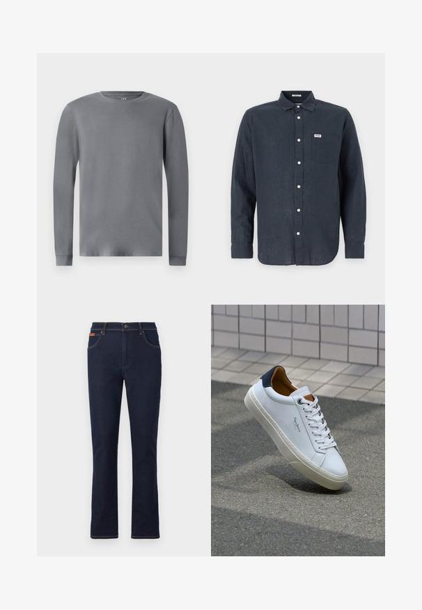 Gray long-sleeve t-shirt made of smooth cotton fabric, featuring a crew neckline and fitted cuffs. Simple, unadorned design.; Dark blue long-sleeve shirt made of linen, featuring a button-down collar, front pocket, and white buttons. Wrangler logo on the pocket.; Dark blue denim jeans with a straight leg cut, featuring orange stitching, five pockets, and a button closure at the waist.; White leather sneaker with a navy heel, round toe, and contrasting brown accents. Features flat laces and textured rubber sole.