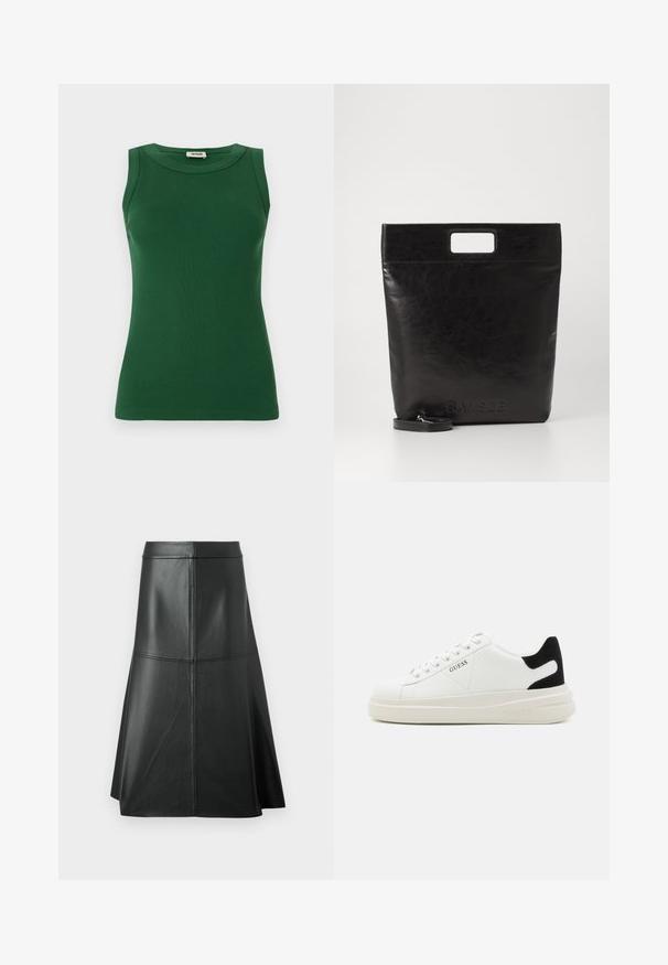 Vihreä hihaton ribbipaita pyöreällä kaula-aukolla, jossa on sileä pinta ja kohtalaisesti istuva siluetti.; Mustat nahkainen A-linjainen hame, sileä pinta, keskipitkä pituus, jossa on vaakasuora saumuristys yksityiskohtana vyötäröllä ja saumoissa rakenteen lisäämiseksi.; Valkoiset nahkakengät paksulla valkoisella pohjalla, mustalla mokkanahkaosuudella kannassa ja kohokuvioitu logo sivulla. Nauhakeskitys kuudella reiällä.; Musta nahkainen kassi neliskulmaisella kahvalla, jossa on teksturoitu pinta ja kohokuvioitu logo. Mukana irrotettava olkahihna.