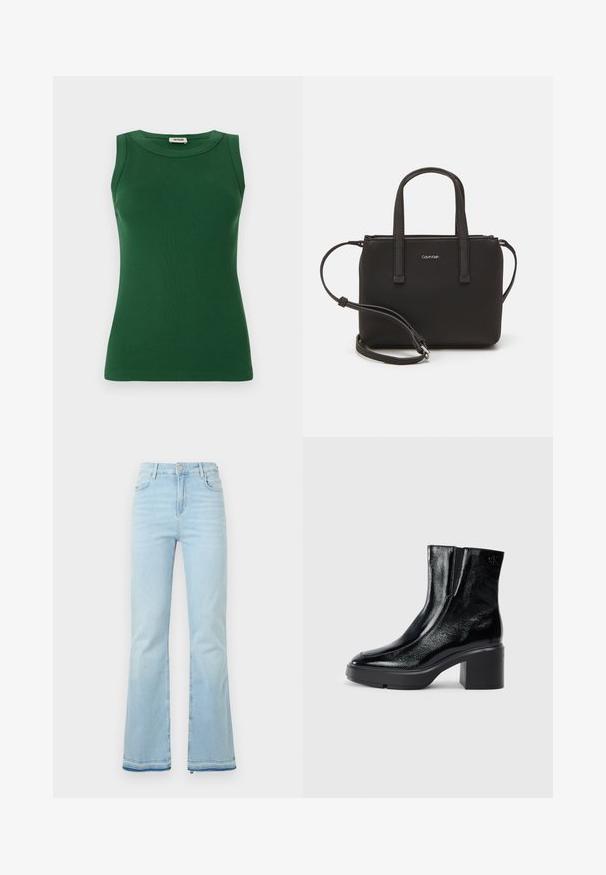 Zelena brezrokavna rebrovana majica z okroglim izrezom, ki se ponaša z gladko teksturo in prilega telesu.; Svijetloplave traperice s rasponom, visokog struka, s prednjim džepovima i sirovim rubom na manžetama za ležeran izgled.; Črne lakirane gležnjarje z ukrivljenim nosom, elastičnimi stranskimi paneli in debelim blokastim peto. Imajo vtisnjen logotip na zadnjem delu.; Črna torbica z dvema kratkima ročajema in odstranljivim naramnim trakom. Gladek usnju podoben material z zadrgo in podrobnostmi z logotipom.