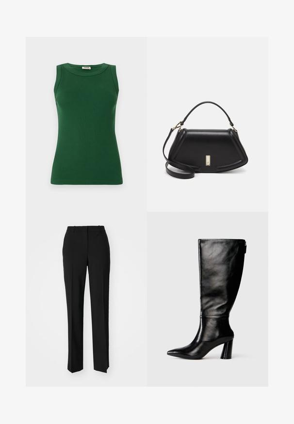 Zielony bezrękawnik z prążkowanego materiału o okrągłym dekolcie, charakteryzujący się gładką fakturą i dopasowanym krojem.; Czarne spodnie o dopasowanym kroju z prostymi nogawkami, o gładkiej fakturze i wyraźnych zagięciach z przodu. Bez widocznych elementów metalowych.; Czarny skórzany but do kolan z ostro zakończonym noskiem, gładką fakturą i grubym obcasem. Posiada zamek z tyłu.; Czarna skórzana torebka o strukturalnym designie, z przyciętą formą, górnym uchwytem i złotymi akcentami. W zestawie regulowany pasek na ramię.