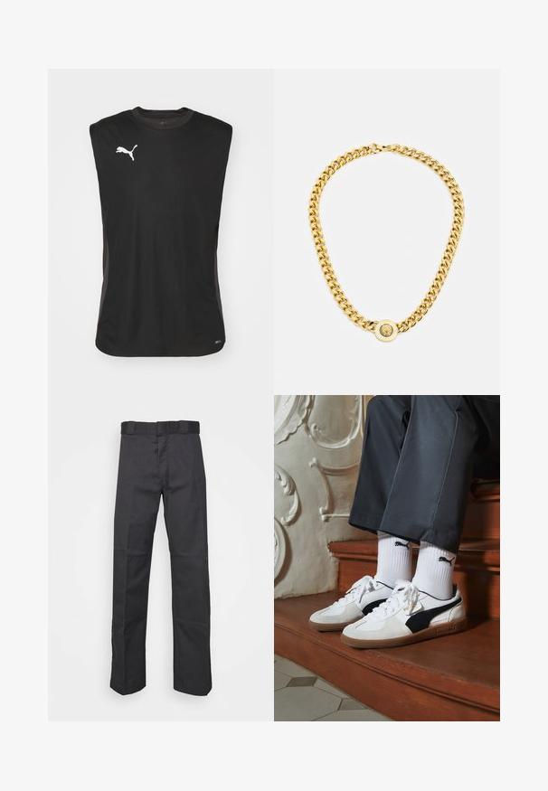 Juodas be rankovių sportinis tank top'as, pagamintas iš lengvos medžiagos, su apvaliomis iškirptėmis, tinklinėmis detalėmis ir baltu Puma logotipu priekyje.; Juodos kelnės, pagamintos iš patvarios medžiagos, su tiesiais kaire, juosmeniu su diržo kilpomis ir siūlėmis, suteikiančiomis tekstūrą.; Puma sportbačiai baltoje ir juodoje zomšo spalvų derinys, su rudu guminio pado apdaila. Derinama su baltais kojiniais, kuriuose pavaizduota juoda logotipas, dėvimi su tamsiomis kelnėmis.; Auksinė grandinė su dideliais susijungusiais žiedais, centruje uždedamas apskritas pakabukas su iškilnia emblema.