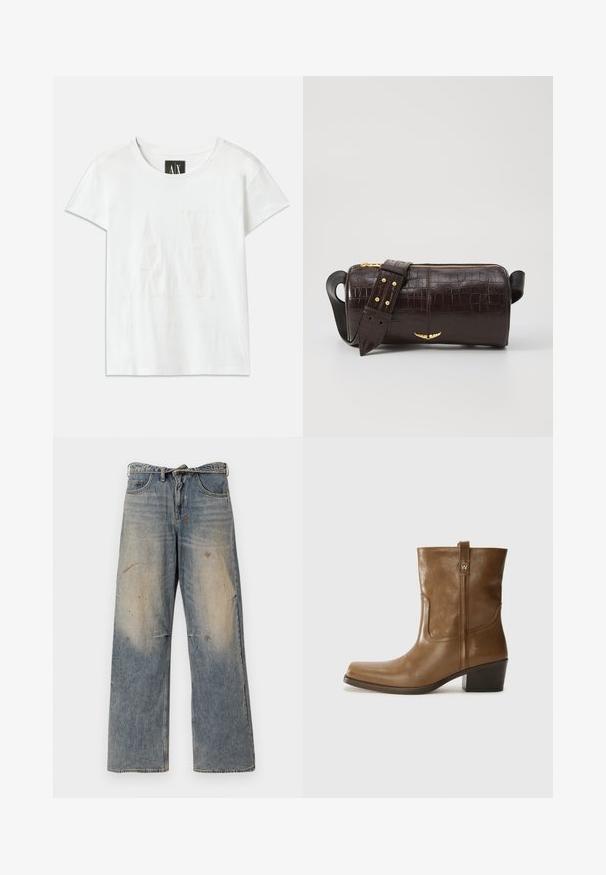 Bela bomba majica s kratkimi rokavi, ki ima na sprednji strani dvignjen logotip "AX" in spodaj natančno zasnovo napisa "ARMANI EXCHANGE".; Svijetloplave traperice s labavim ravnim krojem. Imaju izbledele detalje, tragove habanja i oštećenja u području koljena. Klasičan stil s pet džepova.; Rjave usnjene gležnjarje s kvadratnim nosom, teksturirano površino in nizko kvadratno peto. Imajo zadnji trak za enostavno obuvanje in subtilne šivane detajle.; Brah blaženka iz rjavega usnja z embosiranim krokodilom, cilindrične oblike, zlatih kovinskih elementov in odstranljivim pasom, ki vsebuje žebljičke.