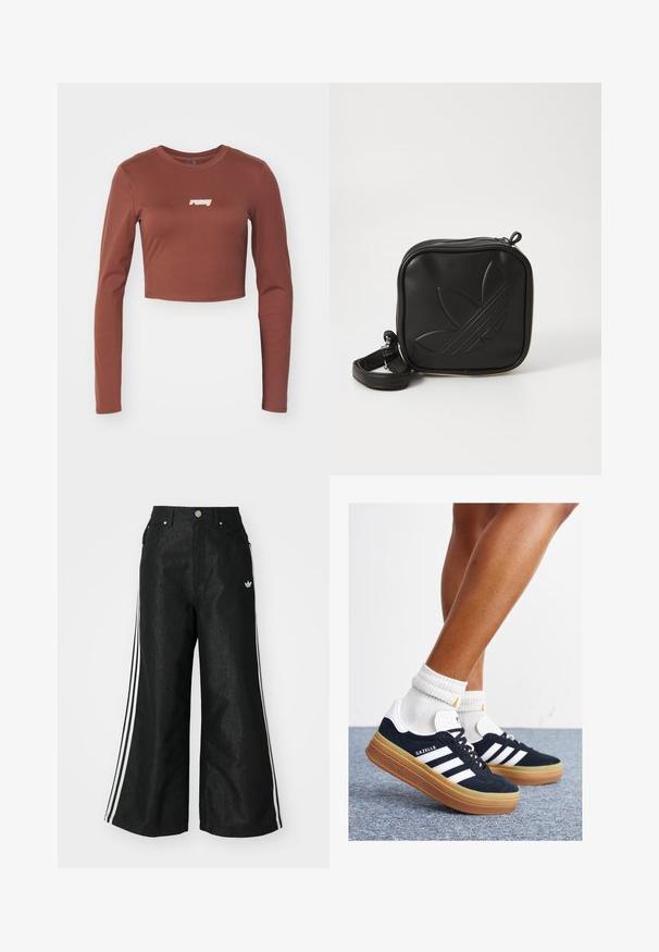 Braunes langärmliges Crop-Top aus dehnbarem Material, mit einem weißen "ruby"-Logo auf der Vorderseite. Glatte Textur und taillierte Passform.; Schwarze, weit geschnittene Jeans mit drei weißen Streifen an jeder Seite und einem kleinen weißen Logo. Mit vorderen Taschen und einem Knopfverschluss.; Schwarze Wildledersneaker mit weißen Streifen und Akzenten, rundlicher Zehenbereich, Sohlen aus braunem Gummi, kombiniert mit weißen, gerippten Sneakersocken.; Schwarze Umhängetasche aus strukturiertem synthetischem Material. Verfügt über ein eingeprägtes Logodesign und einen verstellbaren Riemen. Mit Reißverschluss geschlossen.