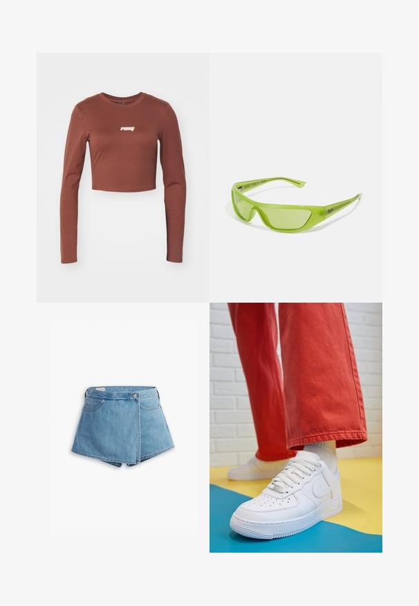 Ruskea pitkähihainen crop-top, joka on valmistettu joustavasta materiaalista ja jossa on valkoinen "ruby"-logo edessä. Silkkinen pinta ja istuva muotoilu.; Vaaleansiniset farkkushortsit, joissa on vyötäröltä kietoutuva muotoilu, etutaskut ja metallinappikiinnitys. Tasainen pinta, jossa on ommellut reunat.; Valkoinen nahkakengät, joissa on rei'itetty varvasosa, teksturoitu pohja ja valkoiset nauhat, yhdistettynä leveisiin punaisiin housuihin ja sinikeltaiseen taustaan.; Vihreät aurinkolasit, joissa on virtaviivainen, ympäröivä muotoilu. Valmistettu kevyestä muovista, jossa on tummennetut linssit ja hillitty brändäys sankojen osassa.