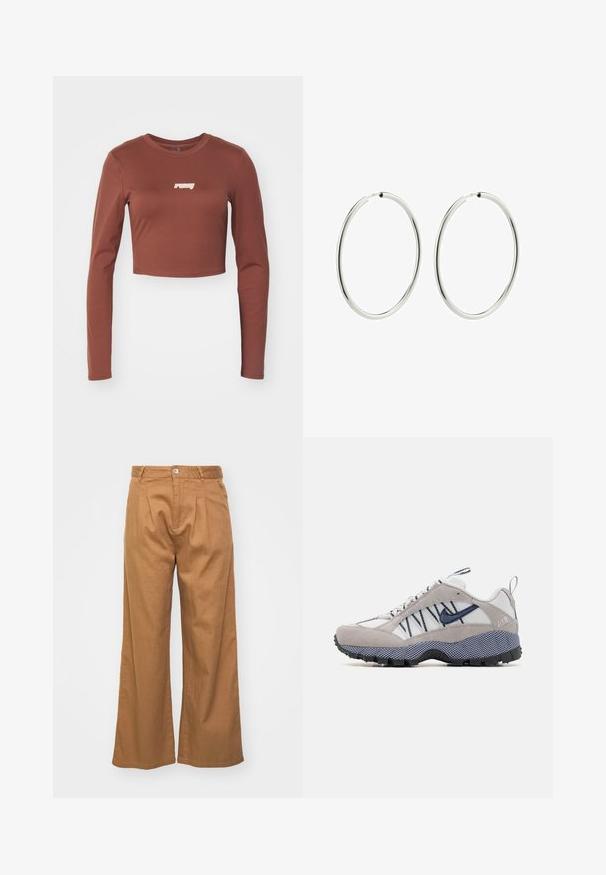 Rudas ilgomis rankovėmis trumpas viršus, pagamintas iš tamprių medžiagų, su baltu "ruby" logotipu priekyje. Lygi tekstūra ir prigludusi forma.; Šviesiai rudos plačių kojų kelnės iš tekstūrinės medžiagos, su priekyje esančiomis raukšlėmis ir vienu sagos uždarymu juosmens srityje.; Pilki ir balti sportbačiai, pagaminti iš zomšos ir tinklinės medžiagos, su guminėmis padais, tamsiai mėlynais akcentais ir išskirtiniu raištelių dizainu.; Sidabriniai auskarai su lygiu, blizgiu paviršiumi. Apskritimo forma, vienodas plotis, sukurti lengvam užsegimui. Paprasti ir elegantiški.