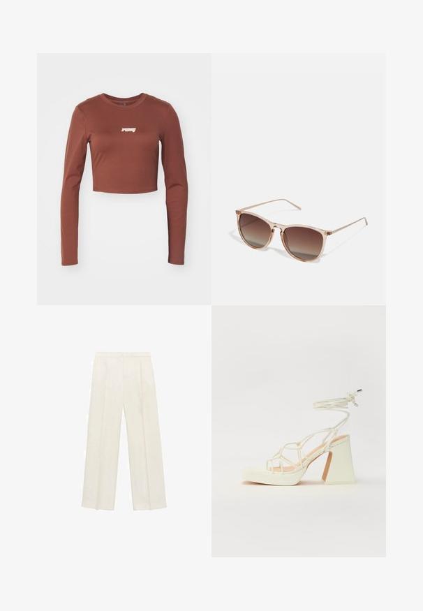 Braunes langärmliges Crop-Top aus dehnbarem Material, mit einem weißen "ruby"-Logo auf der Vorderseite. Glatte Textur und taillierte Passform.; Weit geschnittene Hosen in einem hellen cremefarbenen Farbton. Hergestellt aus einem glatten Stoff mit Falten an der Vorderseite und seitlichen Taschen.; Weiße High-Heel-Sandale mit einem klobigen Absatz, die über ein Riemchendesign und ein Knöchelband verfügt. Glatte Textur mit einer Plattform vorne für zusätzliche Höhe.; Braune Farbverlauf-Sonnenbrille mit einem durchscheinenden rosa Rahmen, quadratischer Form und dünnen Metallbügeln. Verfügt über abgerundete Kanten und minimale Details.