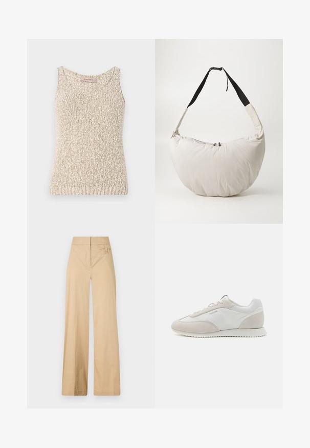 Beženi pleteni top bez rukava s okruglim izrezom, teksturiranom tkaninom i bez rukava. Ima oznaku na vratu s imenom brenda "TwinsSet."; Bež hlače širokih nogavica napravljene od mješavine pamuka. Imaju glatku teksturu, elastičnu elastiku u struku i detalj gumba sa strane.; Svijetlosmeđi tenisice koje kombiniraju bijelu kožu i bež antilop, s teksturiranom petom i minimalnim logotipom sa strane.; Svijetlosmeđa jastučićasta torba za rame s zakrivljenim oblikom polumjeseca. Crni remen, zatvaranje na patentni zatvarač i suptilan logotip sprijeda. Mekana tekstura.