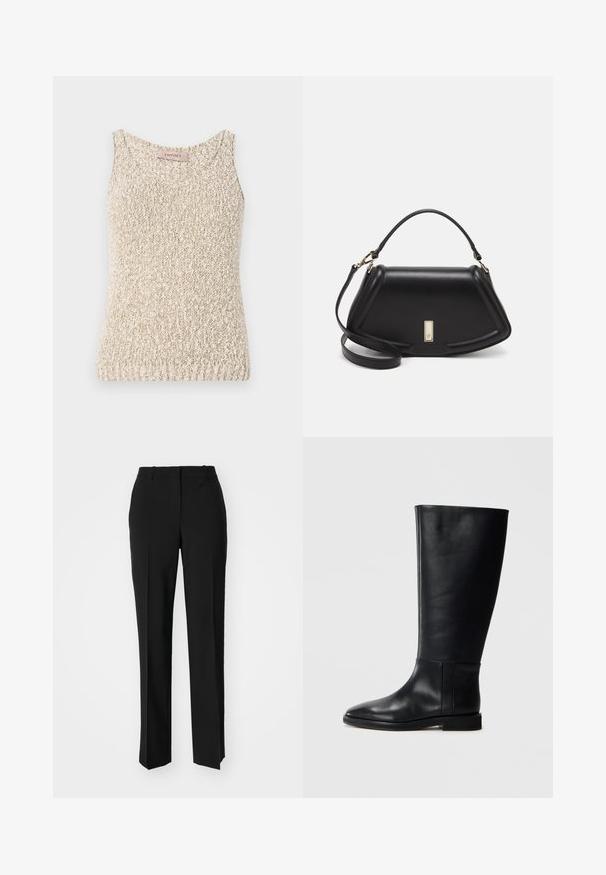 Beige knitted tank top with a scoop neckline, textured fabric, and sleeveless design. Features a label at the neck with the brand name "TwinsSet."; Black tailored trousers with a straight-leg design, featuring a smooth texture and crisp creases along the front. No visible hardware.; Black leather knee-high boot with a rounded toe, smooth texture, minimalistic design, and a flat sole. Simple seam details on the shaft.; Black leather handbag with a structured design, featuring a cropped shape, top handle, and gold hardware accent. Adjustable shoulder strap included.