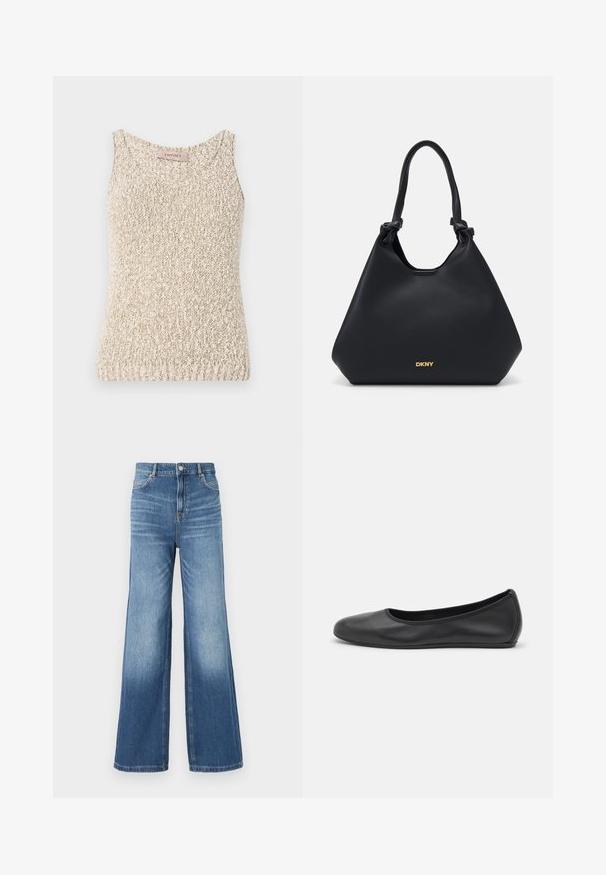 Beige pletený top na ramínka s kulatým výstřihem, strukturovanou tkaninou a bezrukávovým provedením. Obsahuje štítek na krku s názvem značky "TwinsSet."; Světle modré džíny s širokými nohavicemi a vysokým pasem, které mají pět kapes, poutka na opasek a jemný efekt vyblednutí směrem k lemu.; Černé kožené baletní byty s kulatou špičkou, hladkou texturou, minimálními švy a flexibilním designem podrážky.; Černá kožená tote taška s texturovaným povrchem, s uzlíkovými detaily na uchu a zlatým logem na spodní části. Disponuje uvolněným siluetou.