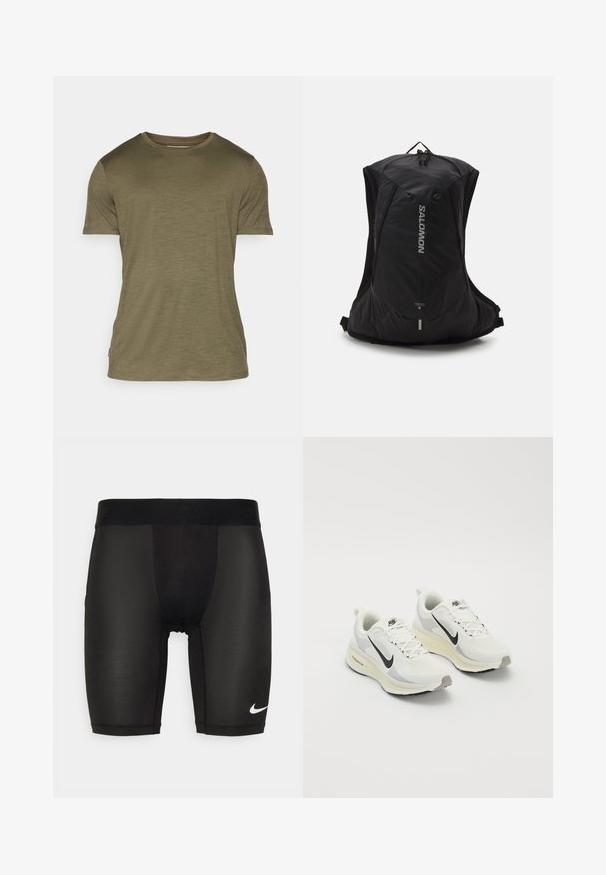 Camiseta de manga corta en mezcla de algodón color verde oliva, con escote redondo, textura sutil y una pequeña etiqueta con el logo en el dobladillo.; Pantalones cortos deportivos negros hechos de una tela suave y elástica. Cuentan con una cinturilla ancha con una marca en relieve y un pequeño logo blanco en la pierna.; Zapatillas de correr hechas de malla blanca transpirable con acentos gris claro. Presentan un logo de swoosh negro y una suela de goma gris claro.; Salomon CROSS 8 - Mochila - black