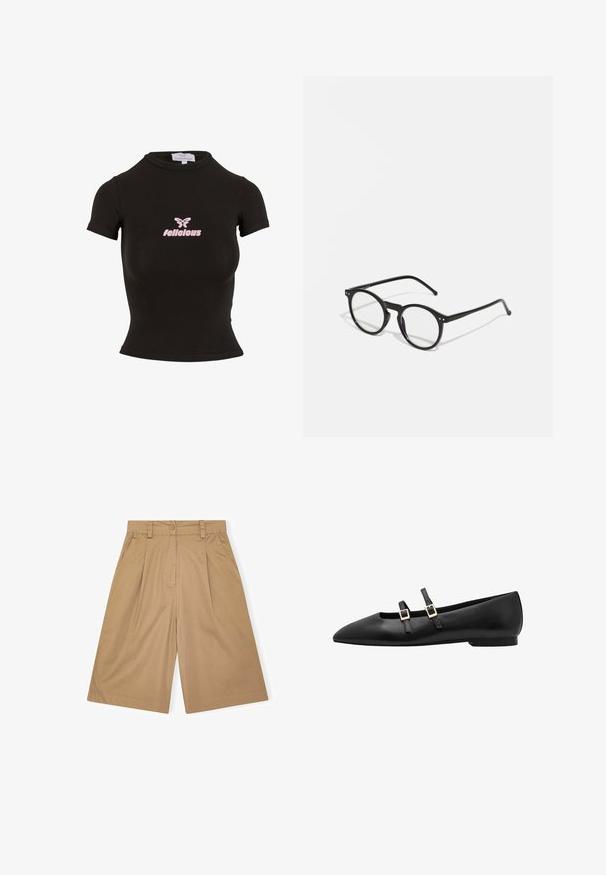 Must have lühikeste varrukatega must crop top, mis on valmistatud venivast materjalist. Esipaneelil on roosa "felicious" logo ja liblikadisain.; Beezist puuvillased lühikesed püksid, millel on lõdvendatud lõige, voldid, nööbikinnitus ja küljetaskud. Ühtlane tekstuur ja põlveni ulatuv disain.; Must musta plaadiga king, millel on terav nina, kahe musta rihmaga ja kuldsete ruudukujuliste kinnitustega. Sile tekstuur ja madala profiiliga tala.; Ümmargused mustad prillid läbipaistev läätsedega, õhukesed mustad käed ja väiksed metallist aktsendid ees. Klassikaline disain minimalistliku stiiliga.