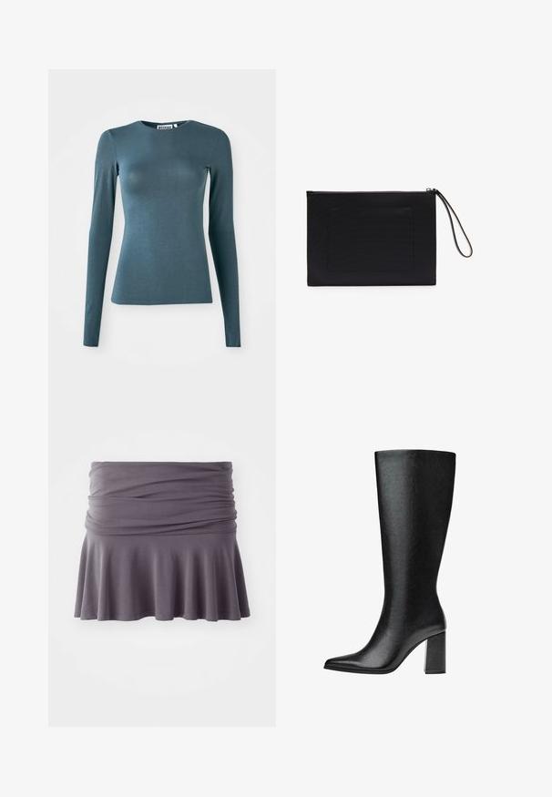 Langsleeve fitted t-shirt in diep tealkleur, gemaakt van een gladde stof. Heeft een ronde halslijn en een rechte zoom. Geen zichtbare versieringen.; Grijze, knielange rok gemaakt van zachte stof met een geplooide taille en uitlopende zoom. Heeft een gladde textuur en een eenvoudig ontwerp.; Zwarte laars tot de knie van faux leer met een spitse neus, een gladde textuur en een chunky blokhak. Minimalistisch ontwerp zonder zichtbare accenten.; Zwarte clutch gemaakt van textuurstof met een rechthoekige vorm, voorzien van een ritssluiting en een polsband. Inclusief een voorvak.