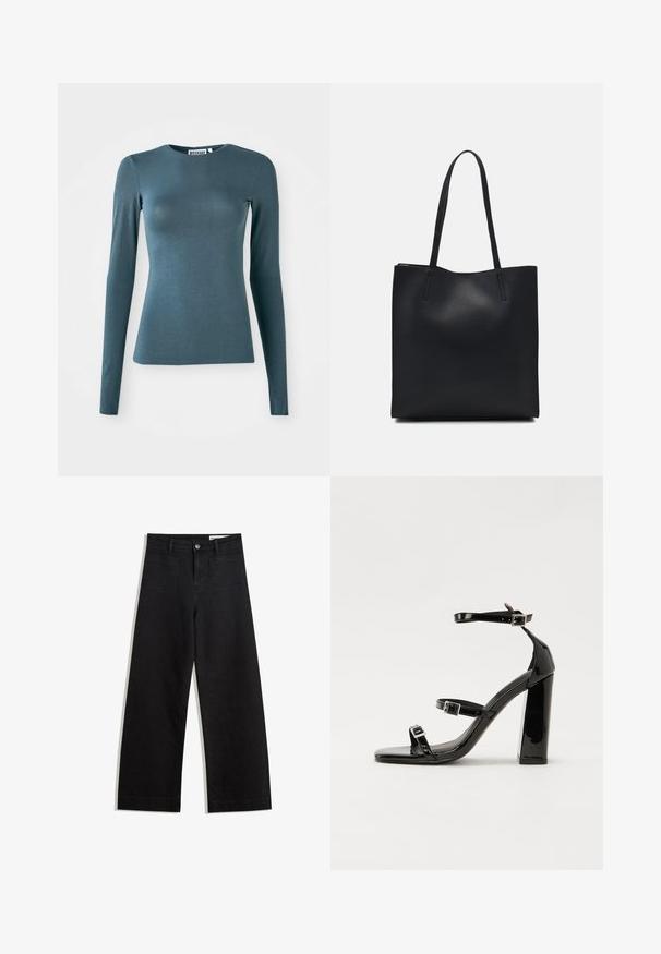 Dlouhý rukáv přiléhavé tričko v tmavě modrozelené barvě, vyrobené z hladké tkaniny. Má kulatý výstřih a rovný lem. Žádné viditelné ozdoby.; Černé denimové kalhoty s volným střihem a vysokým pasem, vybavené předními a zadními kapsami, prošívanými švy a knoflíkovým zapínáním. Hladká textura.; Černé lakované sandály na podpatku se čtveratou špičkou, lýtkovými pásky a stříbrnými přezkami. Disponují masivním blokovým podpatkem pro stabilitu.; Černá kožená taška přes rameno s hladkým povrchem, obdélníkovým tvarem a dvěma dlouhými uchy. Žádné viditelné kování ani ozdoby.