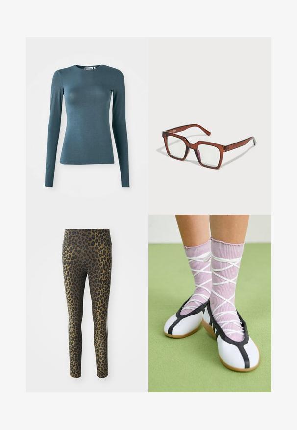 Langærmet tætsiddende t-shirt i mørk teal, fremstillet af et glat stof. Har en rund halsudskæring og en lige kant. Ingen synlige udsmykninger.; Pletterede leggings med høj talje, strækbart stof og sorte accenter på en lys brun bund, designet til komfort og pasform.; Hvide flade sko med sort trim og sål, parret med lyse lilla ribbede sokker med hvide krydsseler. Sat mod en grøn baggrund.; Brune, overdimensionerede, rektangulære briller med klare linser og en let lyserød nuance på den højre linse. Plastikramme med glat tekstur.